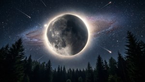 Kuun pimennys galaksirenkaan takana pimeän metsän yllä.