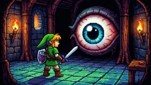 Pikselitaiteen Link taistelee pomoa vastaan klassisessa luolassa. — Zelda Taustakuvat