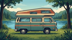 Retro-vektorimallinen matkailuautotapetti kesäiselle road trip -tunnelmaan.