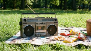 Retroboombox nauttii aurinkoisesta päivästä puistopiknikillä. — Musiikkia estetiikka Taustakuvat
