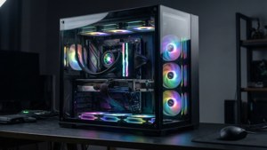 Minimalistinen huippuluokan pelitietokone, jossa hehkuvat RGB-komponentit. — Pelit GIF Taustakuvat