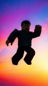 Minimalistinen siluetti Roblox-hahmosta hyppäämässä värikkäälle taivaalle. — iPhone 7 Taustakuvat