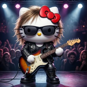 Hello Kitty soittaa kitaraa lavalla ja heittää rockia.