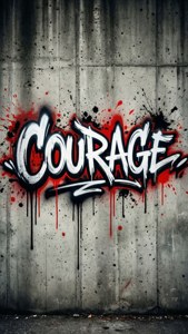 Rohkea graffiti 'Courage' betonilla punaisin ja mustin roiskein, urbaani grunge. — Esteettiset sanat Taustakuvat