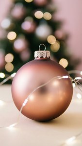 Tyylikäs lähikuva rose gold -värisestä joulukuusenpallosta, taustalla bokeh-valoja. — iPhone 8 Plus Taustakuvat