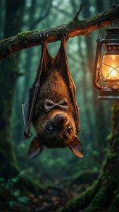 Söpö lepakko rusetilla roikkumassa ylösalaisin sumuisessa metsässä. — Söpö Halloween Taustakuvat
