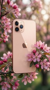 Ruusukultainen iPhone 11 Pro Max vaaleanpunaisten kukkien keskellä kevätvalossa.