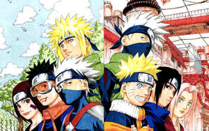 Minato tiimeineen ja Kakashi tiimeineen, Naruto, Sasuke ja Sakura.