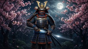 Samurai kirsikankukkien alla hehkuva miekka mustalla taustalla.