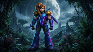 Tieteisscifi-kohtaus Samus Aranista vieraalla planeetalla valtavan kuun kanssa. — Nintendo Taustakuvat