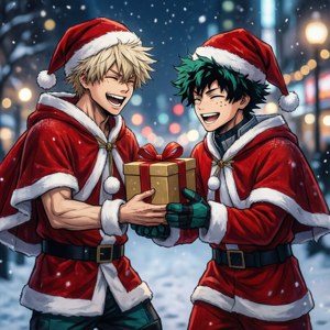 Todoroki ja Midoriya viettämässä joulua joulupukin asuissa