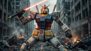 RX-78-2 Gundam dramaattisessa taisteluasennossa tuhotun kaupungin keskellä.
