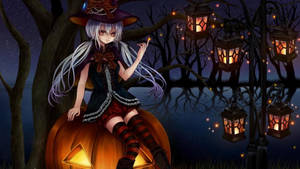 Sarjakuvamainen Halloween-tyttö kurpitsalla -taustakuva
