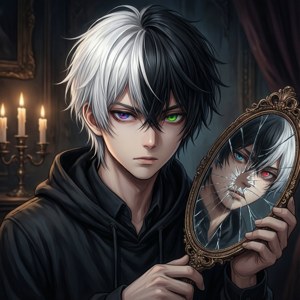 Tummanpuhuva animepoika, jolla on halkaistut hiukset ja särkynyt peili.