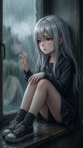 Surullinen anime-tyttö istuu ikkunalaudalla, katselee sadetta ja koskettaa lasia kädellään. — iPhone 8 Taustakuvat