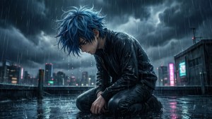 Surullinen animepoika polvistuu katolle sateessa, pää painettuna, myrskyisän kaupunkimaiseman keskellä. — Surullinen anime GIF Taustakuvat