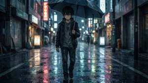 Surullinen animepoika kävelee yksin sateisella kaupunkikadulla yöllä kastuen läpimäräksi.