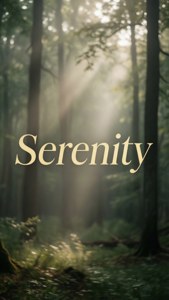 Vaaleankultainen 'Serenity' sumuisen metsän yllä, jossa valonsäteet läpäisevät puiden lomasta, rauhallinen luontoestetiikka. — Esteettiset sanat Taustakuvat