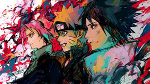 Naruto ja hänen tiimitoverinsa värikkäässä fanitaidetaustakuvassa.
