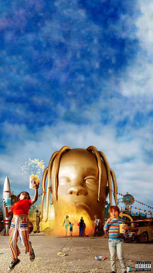 Siisti HD Astroworld-taustakuva, jossa huvipuisto ja Travis Scottin pääpatsas.