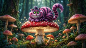Cheshire-kissa jättimäisellä sienellä lumotussa metsässä. — Cheshire Cat Taustakuvat