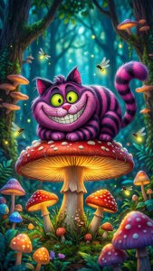Oikukas irvikissa sienellä värikkäässä metsässä tulikärpästen kanssa. — Cheshire Cat Taustakuvat