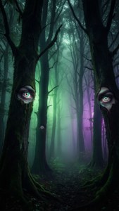 Hehkuvat silmät tarkkailevat pimeästä, sumuisesta metsästä. — Trippy tumma estetiikka Taustakuvat