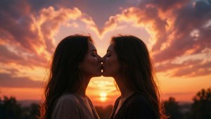 Romanttinen LGBTQ+-parin siluettisuudelma auringonlaskussa sydämenmuotoisten pilvien kanssa.