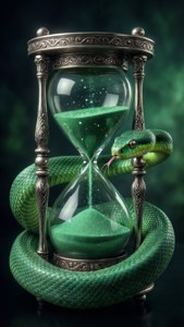 Käärme kietoutuneena hopeiseen tiimalasiin, symboloi aikaa ja kunnianhimoa. — Slytherin estetiikka Taustakuvat