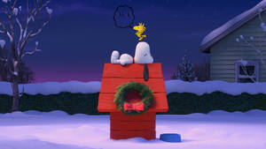 Snoopyn joulukoirankoppi seppeleineen - taustakuva — Snoopy joulu Taustakuvat