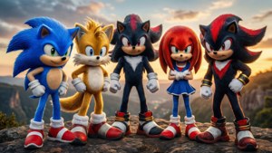 Sonic ja hänen ystävänsä poseeraavat yhdessä kallionjyrkänteellä auringonlaskun aikaan. — Sonic Taustakuvat