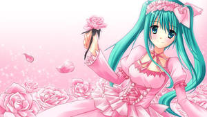 Söpö anime Hatsune Miku vaaleanpunaisessa mekossa ja ruusujen ympäröimänä — Kawaii Anime Taustakuvat