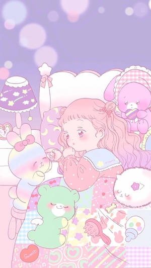 Söpö anime-tyttö sängyllä pehmolelujen kanssa — Kawaii Anime Taustakuvat