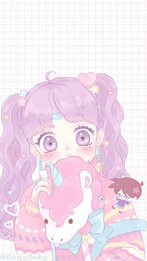 Söpö anime-tyttö yksisarvispehmolelun kanssa — Kawaii Anime Taustakuvat