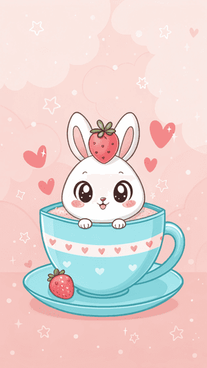 SöpöPupu,Teekuppi,Mansikka,Kawaii,Suloisuus,Pinkki,Sarjakuva,Sydämet,Makea,Oikukas
