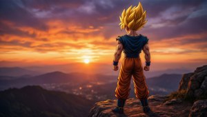 SSJ4 Goku siluettina auringonlaskua vasten kallionkielekkeellä.