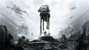 Harmaasävyiset visuaalit Star Wars Battlefront -pelin kansitaustakuvasta.