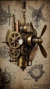 Steampunk-taustakuva, jossa messinkiset hammasrattaat roikkuvat teknisen piirustuksen päällä. — Mobiili GIF Taustakuvat