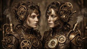 Steampunk-henkiset kaksoset, joissa on monimutkaisia mekaanisia yksityiskohtia, täydellinen ainutlaatuiseksi taustakuvaksi.