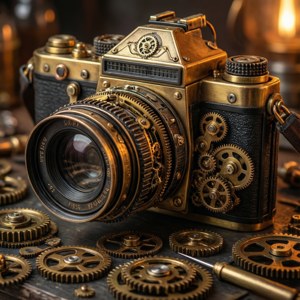 Steampunk-kamera, jossa on vaihteita ja messinkiosia yksityiskohtaisesti. — Infinix Zero Taustakuvat
