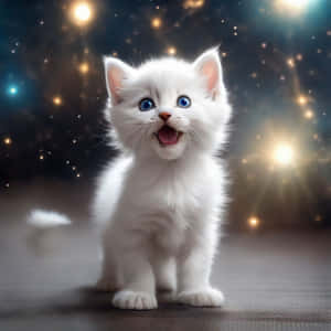 Suloinen valkoinen kissanpentu tähtitaustalla — Tanssiva kissa Taustakuvat