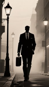 Musta anime noir -taustakuva miehestä puvussa sumussa. — Musta anime Taustakuvat