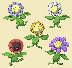 Sunflora muiden kukkavariaatioiden kanssa — Söpö pokemon Taustakuvat