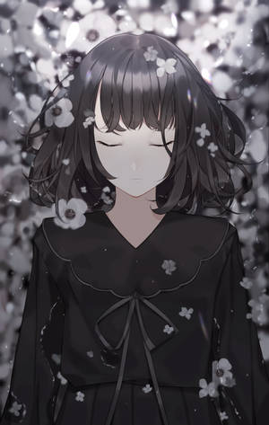 Surullinen Anime-tyttö Mustavalkoinen Kukkien Kanssa — Honor Pad Taustakuvat