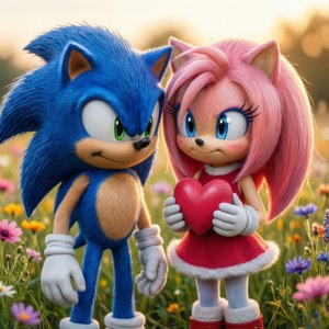 Sonic ja Amy jakavat hellän hetken aurinkoisella kukkaniityllä. — Sonic Taustakuvat