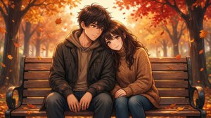 Animepariskunta penkillä syksyisessä puistossa, viihtyisä ja romanttinen. — Anime pari GIF Taustakuvat