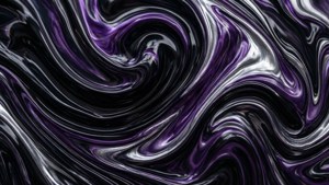 Tumma abstrakti fluiditaide mustilla, violetilla ja hopeisilla pyörteillä.