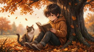 Anime-lapsi lukee kirjaa kissan kanssa puun alla syksyllä.