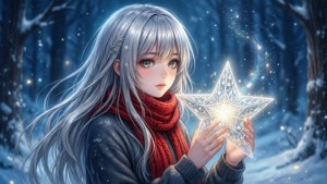 Anime-tyttö, jolla on hopeiset hiukset ja punainen huivi, pitelee hehkuvaa tähteä lumisessa metsässä.