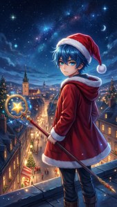 Animepoika joulupukinlakissa katolla tähtisauvan kanssa